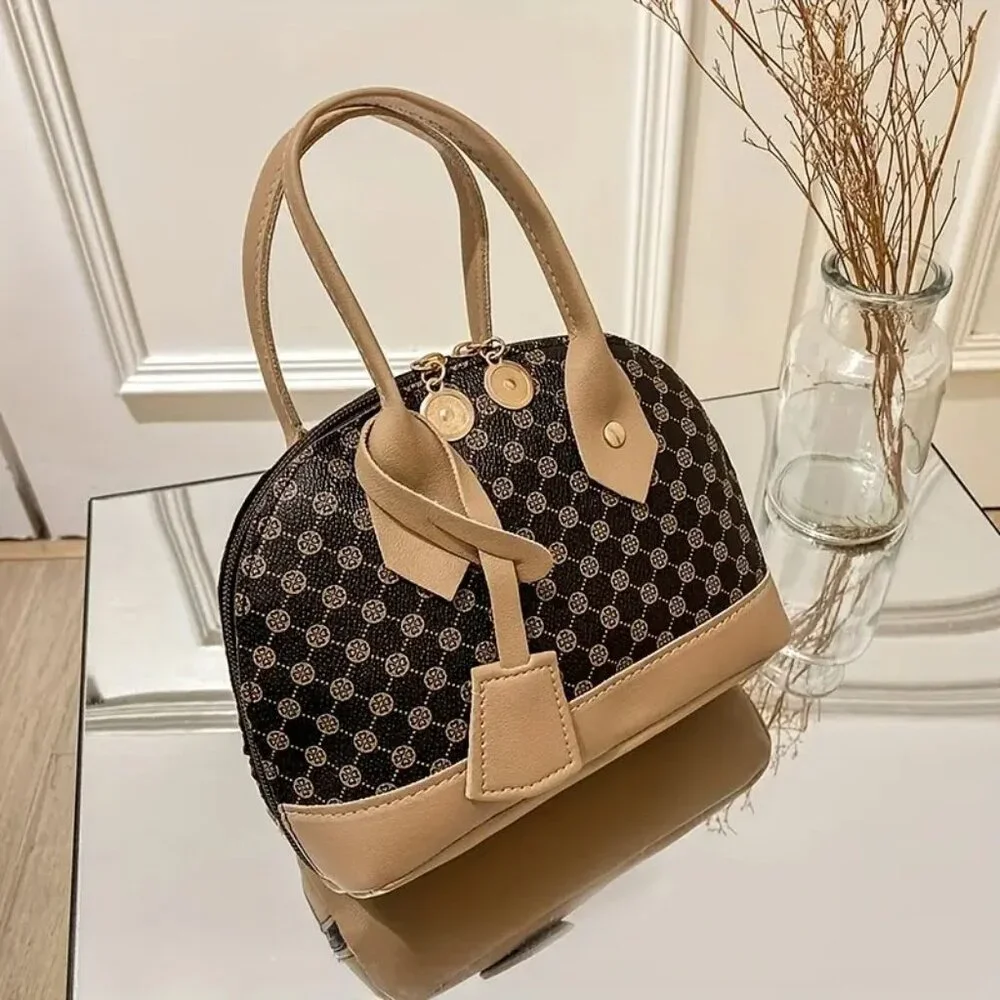 Small Dome Satchel Brown Patterned Bag w/Tone Trim & Gold Crossbody Chain Strap - Picture 1 of 6